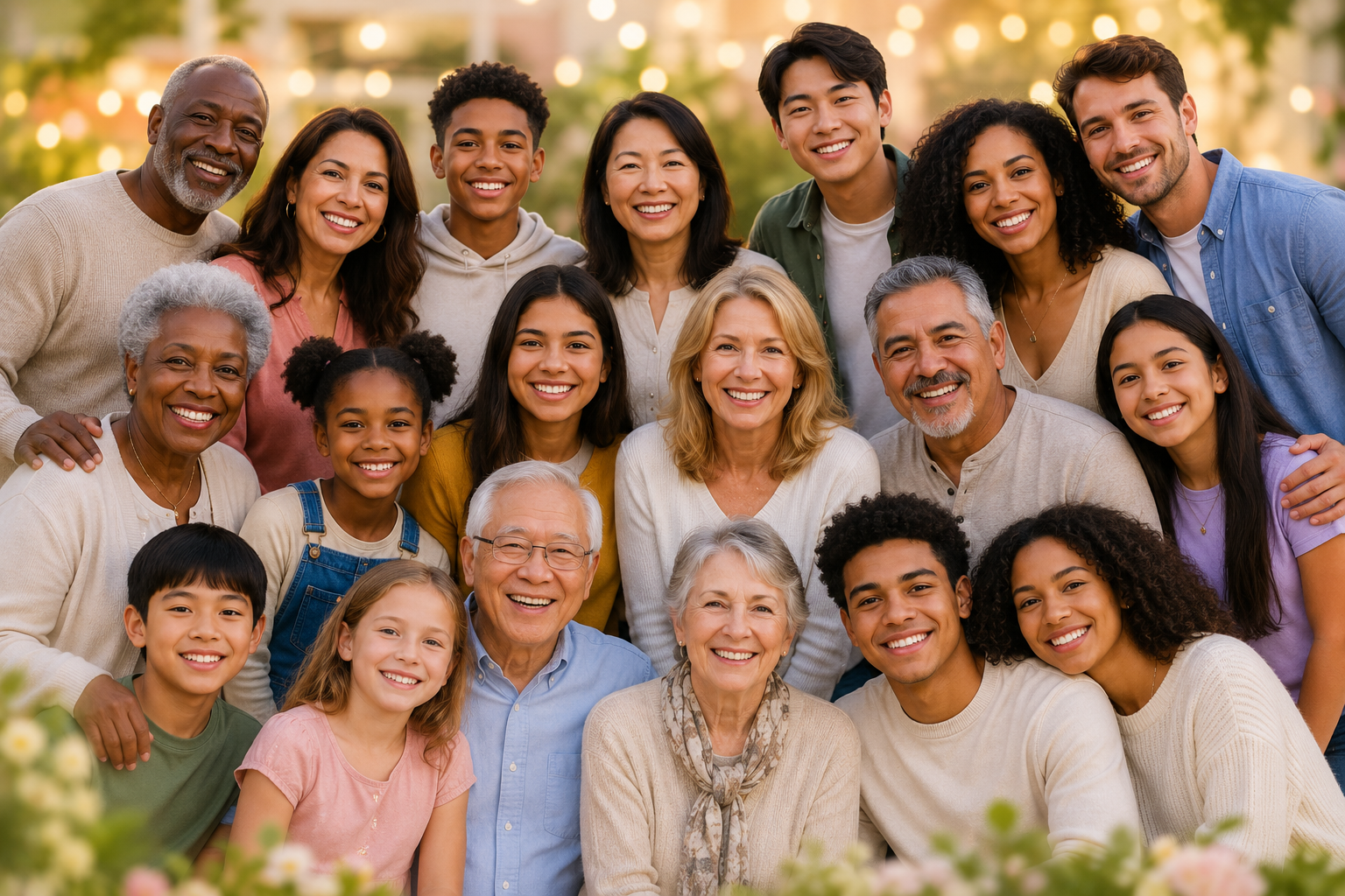 A diverse community of families — children, teens, adults, and seniors of all backgrounds — smiling together